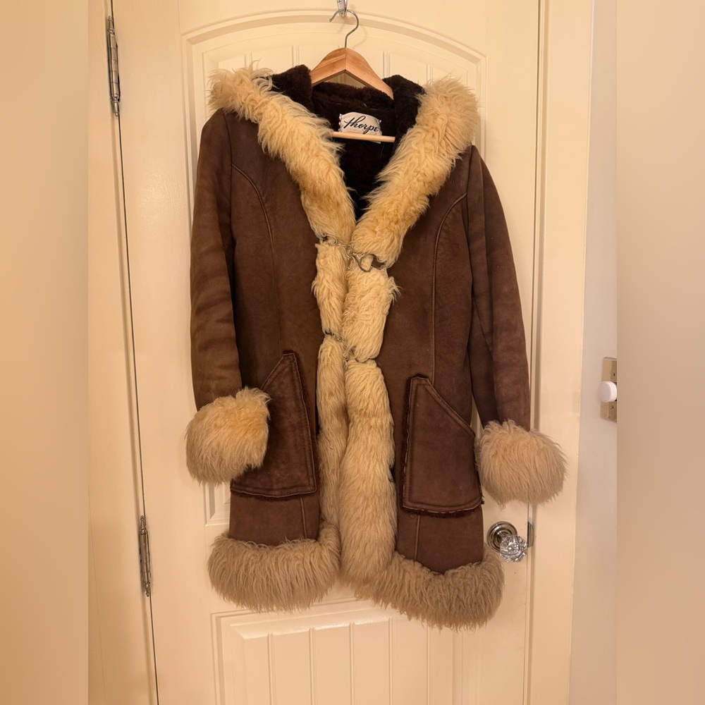Vintage Brown Suede Teddy Coat with Cream Faux Shearling Trim